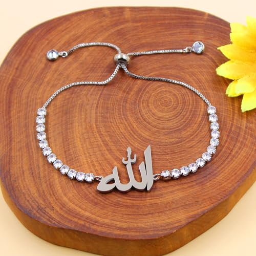 Allah Bracelet for Men and Women, Zircon Tennis Chain Adjustable Low Sensitivity Islamic True God Jewelry for Husband Wife Mom Dad's Religious Belief Gift - color: white