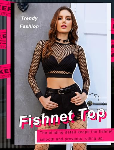 Avidlove Fishnet Top Women Mesh Blouse See Through Shirt Rave Goth XS-3XL | Big Chunky Fabric, Long Sleeve, Cropped, Crew Neck, With Bound Trim, Sexy Edgy Style, Perfect for Goth, Punk, Rock, Clubwear - color: A-black, size: Small