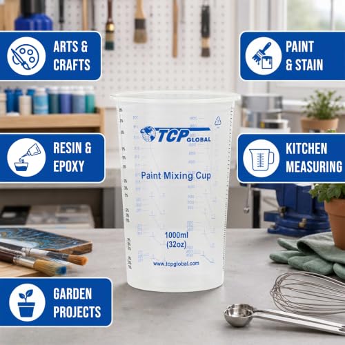 TCP Global 32 oz. (1000ml) Graduated Plastic Mixing Cups (Box of 25) - Disposable Plastic Measuring Cups for Liquids, Paints, Resin, Epoxy, Art, Kitchen - Ratios 2-1, 3-1, 4-1 ML