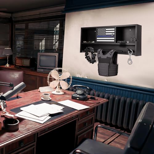 Neoaider Police Gear Rack, Police Hanger with Hooks | Tactical Duty Gear Rack Decor with Thin Blue Line Flag, Black Body Armor Stand for Police Gift - size: Wall Mounted w/Combination Lock