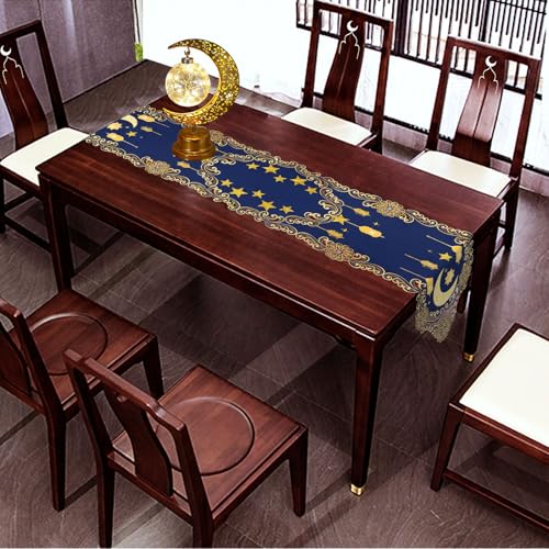 Simhomsen Embroidered Decorative Ramadan Kareem Eid Mubarak Table Runner, Navy Blue and Gold, Ramadan Lantern Design (14 x 90 inches) - size: 14 x 90 inches