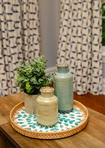 Round Rattan Serving Tray with Mother of Pearl Inlay, Wicker Coffee Table Decor, Farmhouse Style (Teal Tan Flower) - color: Teal Tan Flower