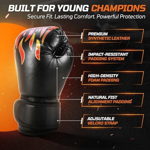 Flexzion Boxing Gloves for Kids 4oz – Training Punching Bag Mitts, Kid Boxing Gloves with Faux Leather & Wrap-Around Wrist Protection for Boys & Girls Ages 3-8 Years - color: Black Blaze