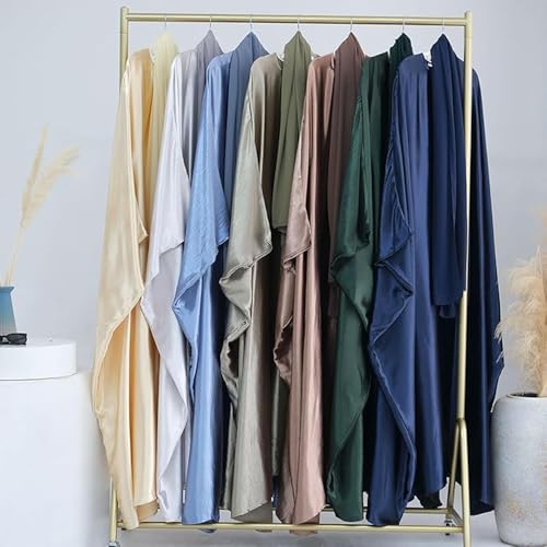 Muslim Dress Women Abaya Elegant Satin Prayer Dress Batwing Long Sleeve with Hijab Arab Islamic Dubai Ramadan Robe - color: Darkgreen