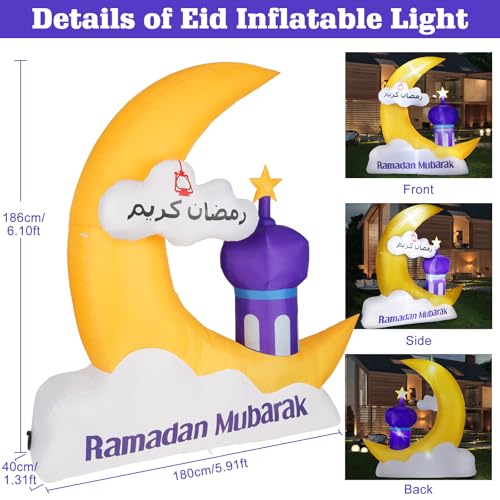 Lewondr 6.10FT Outdoor Inflatable Ramadan Moon Decorations,Waterproof Inflatable Eid Mubarak Decor,Blow Up Muslim Holy Celebration Decor with LED Lights,Muslim Holidays Inflatable for Yard,Yellow Moon - style: Yellow Moon