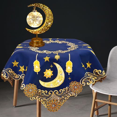 Simhomsen Embroidered Decorative Ramadan Kareem Eid Mubarak Square Tablecloth Topper, Navy Blue and Gold, Ramadan Lantern Design (34 x 34 inches) - size: 34 x 34 inches