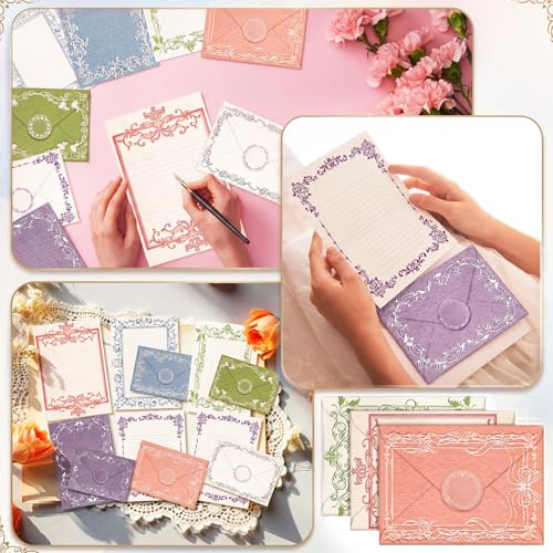 TaoBary 160 Pcs Stationery Paper Set 50 Double Sided Stationery Papers with 50 Matching Envelopes and 60 Round Dot Sticker, 10 design(vintage Lace Frame, 5.5 x 8.25 Inch) - size: 8.25 x 5.5 Inch, style: Vintage Lace Frame