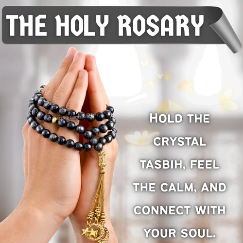Amazing Gemstone Crystal Tasbeeh with Moon and Star Charm - Certified Crystal Muslim Prayer Beads Natural Gemstone Tasbih Gift for Ramadan Dhikr and Daily Namaz (G) - color: Silver Sheen Obsidian
