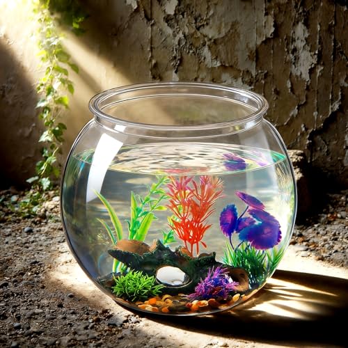 3 Gallon Plastic Betta Fish Bowl with 6 Pcs Artificial Plastic Plants and 500g Decorative Gravel, Betta Fish Tank and Decoration Accessories Small Large Bowl Ornaments Starter Kit - size: 3 Gallon