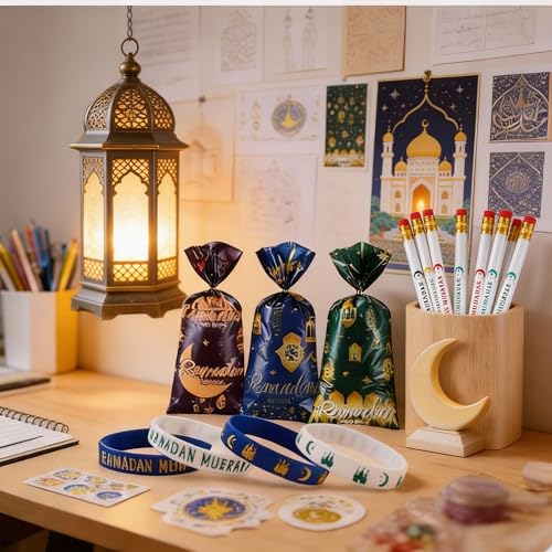 Mooliwe 144 Pcs Ramadan Mubarak Party Favor Gifts Bulk 48 Eid Ramadan Muslim Pencils 48 Mubarak Wristbands 48 Cellophane Gift Bag for Party Decorations Supplies(Conventional Style) - style: Conventional Style