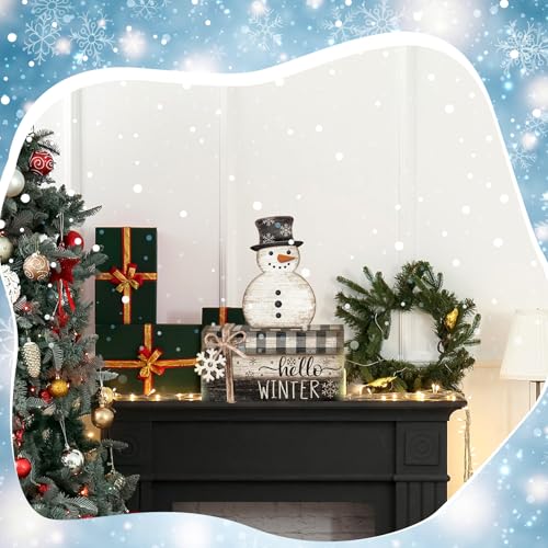 4 Pcs Winter Snowman Decor Hello Winter Table Decorations Christmas Tiered Tray Decor Centerpiece Indoor Rustic Wooden Snowman Block Sign Gift Farmhouse for Home Kitchen Shelf - style: Snowman