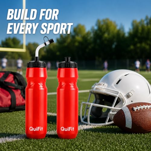 QuiFit Lacrosse Water Bottle with Long Straw - Hockey 1 Liter Water Bottles 2 Pack with 2 Lids Each- BPA Free Squeeze lightweight Water Bottle, Leakproof Dishwasher Safe- for Helmet,Baseball (Red) - color: Red