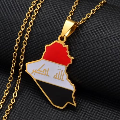 Iraq Map Flag Pendant Necklace for Women and Men – Stainless Steel Allah Name Iraq Map Pendant Necklaces - Meaningful Iraq Jewelry Gift - color: Gold 1