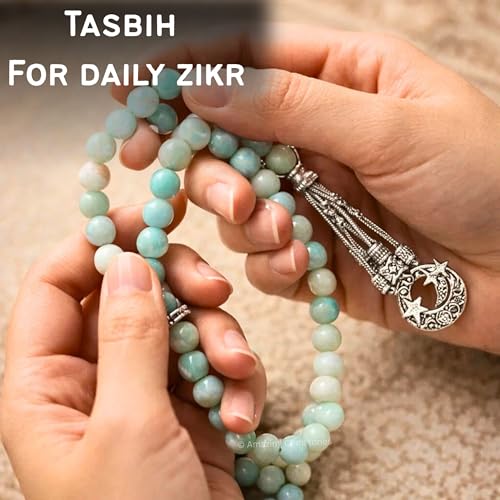 Amazing Gemstone Amazonite Tasbeeh with Moon and Star Charm - Certified Crystal Muslim Prayer Beads Natural Gemstone Tasbih Gift for Ramadan Dhikr and Daily Namaz (S) - color: Amazonite