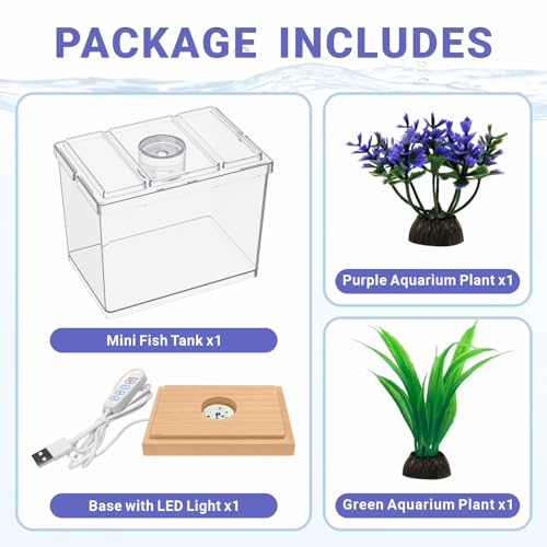 MoonOrange Mini Betta Fish Tank Kit with LED Light Base, 0.2 Gallon Temporary Holding Tank with Artificial Plants (Kit-2)