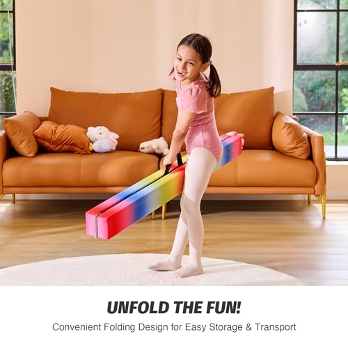 ZELUS 8' Folding Gymnastics Balance Beam, Floor Balance Beam w/Carry Handles Anti-Slip Base for Kids, Beginners & Professional Gymnasts - color: Rainbow