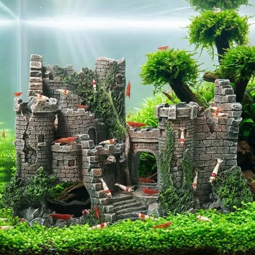 Aquarium Resin Castle Decoration, Air Bubbler Stone Cave Hideout House for Betta Fish, Shrimp & Turtles, Fish Tank Ornament Accessories for Breeding, Playing & Resting ,Decorative Bubbling Castle