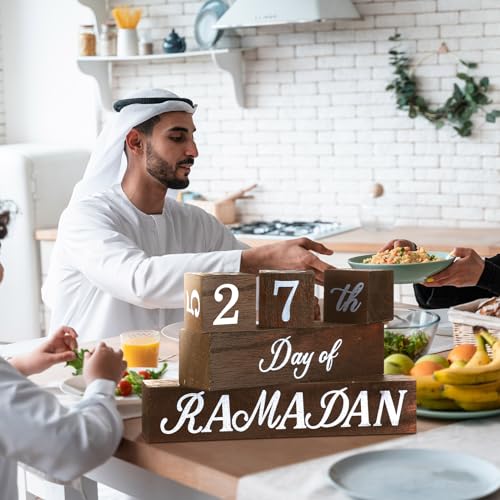 GlikCeil 5 Pcs Eid Mubarak Calendar Block Set Ramadan Advent Countdown Eid Calendar Countdown Blocks Wood Sign for Decorations Ramadan Wooden Tabletop Ornament Home Table Decor, Brown