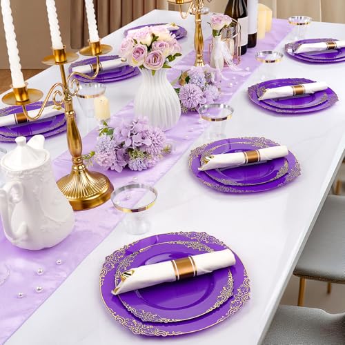 Realluck 350 Piece Purple and Gold Dinnerware Set for 50 Guests - color: Purple