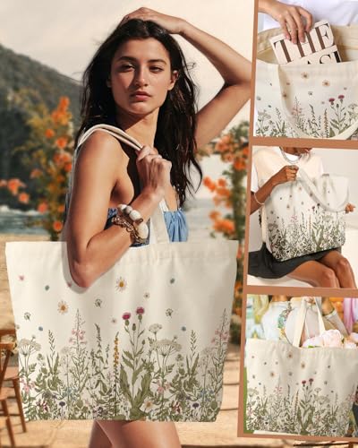 Miss Adola Large Tote Bag for Women - Canvas Tote Bag with Zipper Aesthetic Reusable Shoulder Bag for Gym, Travel, Work - style: Flower Grass
