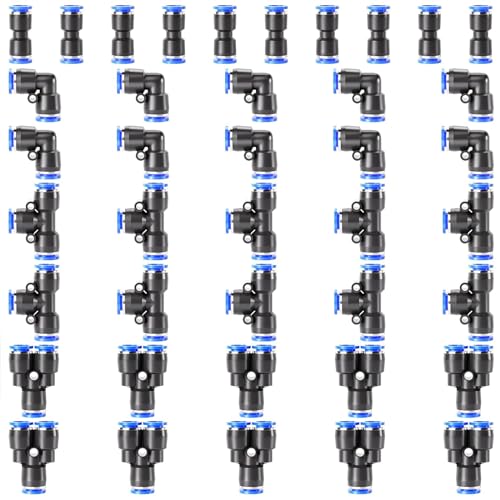 TAILONZ PNEUMATIC 6mm od Push to Connect Fittings Pneumatic Fittings Kit 10 Spliters+10 Elbows+10 tee+10 Straight (40 pcs) | Inormally closedludes 10 splitters, 10 elbows, 10 tees and 10 straights, quick connect. - color: Blue, size: 6MM OD/40PCS