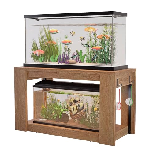 Farmhouse 75–120 Gallon Aquarium Stand for Fish or Reptile Tank, 48"x24" Tabletop Terrarium Stand with Power Outlet and Storage Shelves, Natural Brown Fish Tank Stand, 1500LBS Capacity