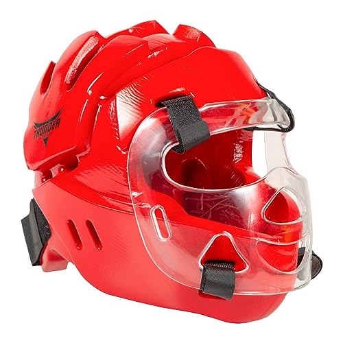 Karate Sparring Full Head Gear with face Shield - color: red, size: adult small