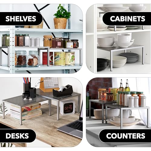 Simple Houseware Cabinet Counter Shelf Organizer w/Steel Surface, Silver | Expandable & Stackable 9" D x 12.75" W x 5.9" H - color: Silver