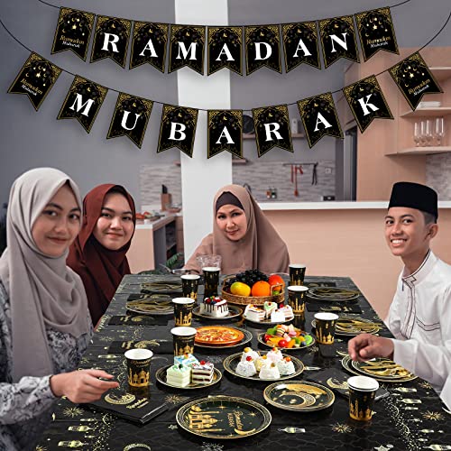 Ramadan Party Supplies Decorations for Home, Eid Ramadan Mubarak Banner Black and Gold Plates and Napkins Set, Disposable Paper Plates Napkins Banner Tablecloth for Ramadan Party Decorations, Serve 25