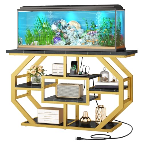 DWVO 55-75 Gallon Aquarium Stand with Power Outlet,Black & Gold | Display Stand for Turtle Tank , Reptile Terrarium, Metal Fish Tank Stand Suitable for Living Room, Entryway, 860LBS Capacity - color: Black & Gold