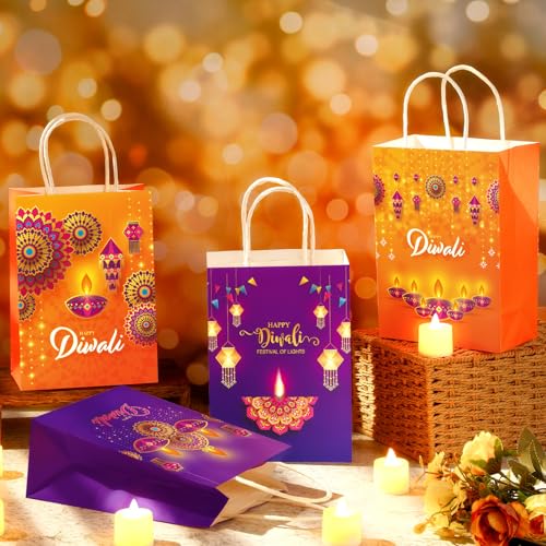 Kolldenn 12 Happy Diwali Treat Bags with Handle - Festival of Lights Gift Bags for Indian Diwali Party Decor