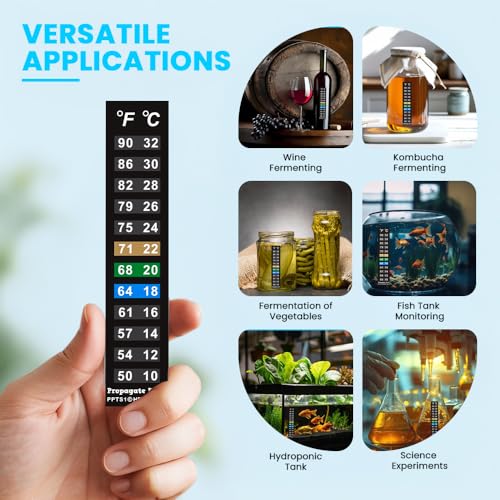 Stick On Thermometer Strip, 50-90F, 10-32C, Vertical, 5-Pack | For Fish Tanks, Aquarium Thermometer, Kombucha, Beer and Wine Fermentation, Vertical Temp Strips, Color-Changing Display