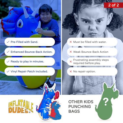 INFLATABLE DUDES Dinosaur -Kids Punching Bag | Already Filled with Sand| Bop Bag | Premium Inflatable Toy | Punching Bag for Kids | Enhanced Bounce-Back Action! | Indoor Outdoor - Party Games - color: Blue Triceratops | Pre-filled with Sand