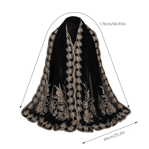 OhMill Black Hijab Scarf Soft Floral Embroidered Chiffon Headscarf Lightweight Lace Scarves Long Shawl Wrap for Women Wedding - color: Flower 2