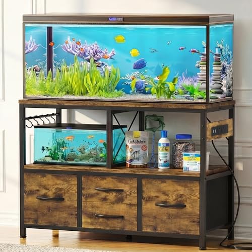 Heybly 30-40 Gallon Fish Tank Stand, Aquarium Stand with Drawer, Power Outlet, Heavy Duty Metal Frame, for Fish Tank, Turtle & Reptile Terrarium, 36.2" L × 18.1" Top, 660lbs (Top)+330lbs(Mid), Rustic Brown HAS004SR - color: Rustic Brown, size: 40 gal