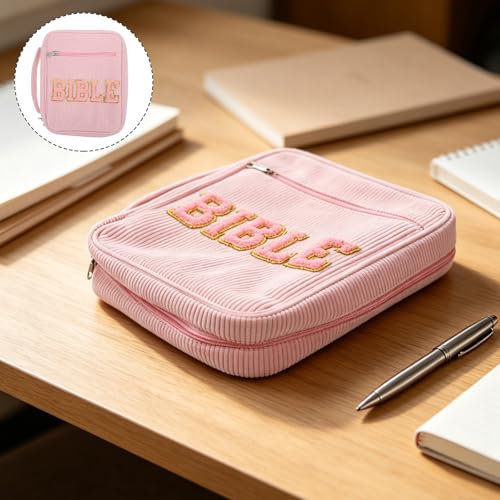 ARTIBETTER Pink Bible Cover Case with Zippered Pocket and Handle, Dustproof Corduroy Organizer for Religious Books and Scriptures, Versatile Storage with Dedicated Pen Slots, for Travel
