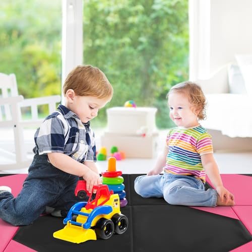 Goplus Folding Gymnastics Mat, 10β x 4β x 2ββ Thick Tumbling Mats with PU Leather, Hook & Loop Fasteners, Portable Handles, 4-Panel Exercise Mat for Home Gym Workouts, Yoga - color: Black+Rose