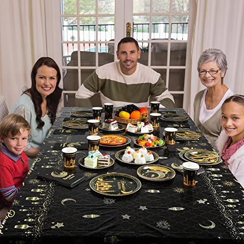 Ramadan Party Supplies Decorations for Home Serve 50, Eid Mubarak Ramadan Black and Gold Plates and Napkins Set, Disposable Paper Plates Napkins Cups Knives Spoons Forks for Ramadan Party Decorations