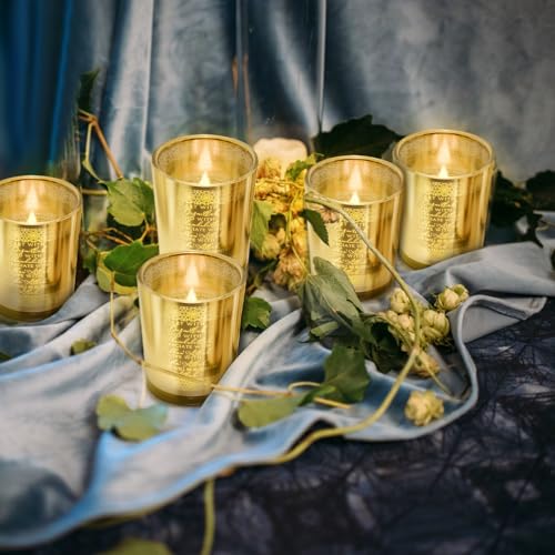 Teenyyou 4 Pcs Islamic Decorations Votive Candle Holders Bulk Eid Al Adha Gifts Hajj Mubarak Gold Glass Tealight Holders Table Decors Centerpiece for Muslim Desk Bedroom Home Office