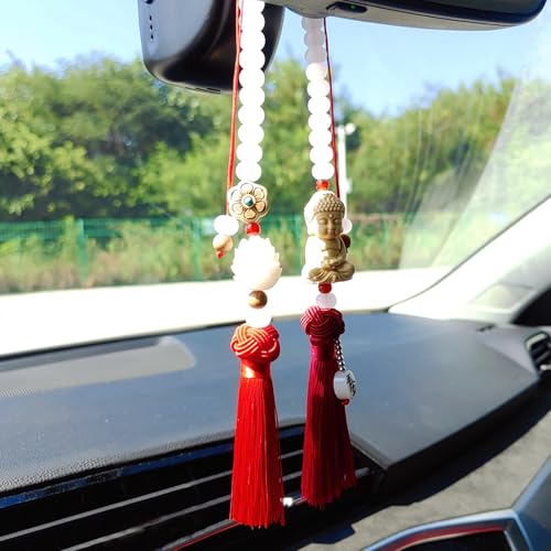 Buddha 백미러 액세서리 걸이용 참, 태슬이 있는 연민의 보살 자동차 걸이 장식, 여성/남성을 위한 귀여운 자동차 액세서리, Fo Bao Ping an - color: 레드