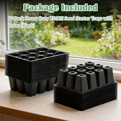 RooTrimmer 60 Pack Reusable 12-Cell Seed Starter Tray, Plant Starter Trays with Large Drainage Holes for Seed Germination, Easy to Repotted, Fits Standard 1020 Flats and TD377 Trays, Black - color: Black, size: 12 Cells-60P