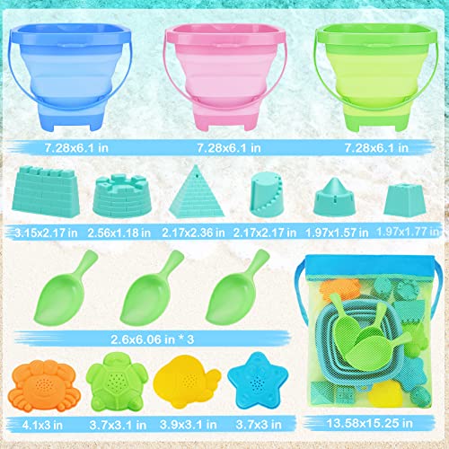 RACPNEL Beach Toys with 3 Collapsible Buckets, Mesh Bag for Kids Ages 3-12 | Sand Castle Building Kit and Sand Molds for Sandbox Play, Backyard, Summer Travel, Beach Games, Multi Scene Outdoor Fun