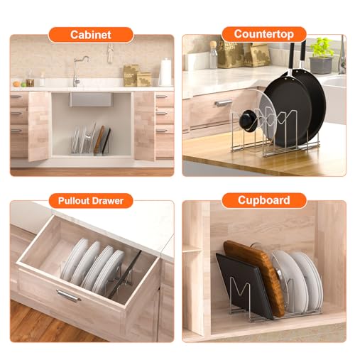 HzTinT 3 Pack Pot Lid Organizer, Holds 15 Lids, Plate & Cutting Board Rack | with Stainless Steel Build and Anti-Slip Pads, Lid Organizer for Cabinets, Drawers and Countertops, Silver