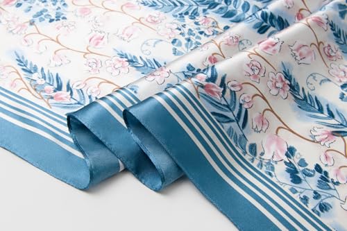 Silk-Feel 35x35 Satin Hair Scarf | Multi-Way Head Wrap for Sleep, Style & Hijab | Gift-Ready Fashion Scarf for Women - color: Blue-flowers