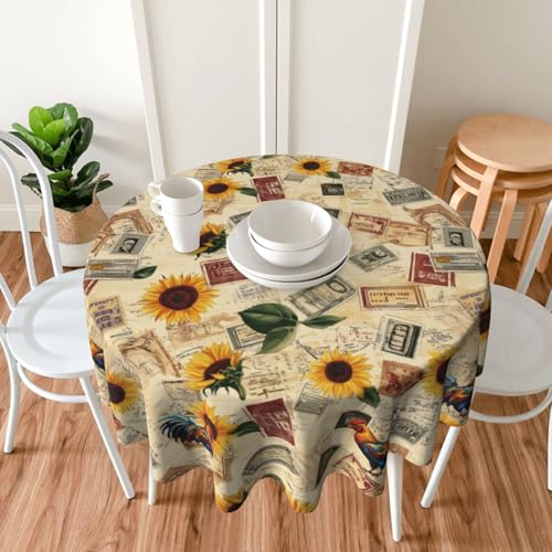 Retro Rooster Sunflowers Tablecloth Fall Round Table Cover Washable Table Cloth for Home Kitchen Party Picnic 60 Inch - color: Retro Rooster Sunflowers