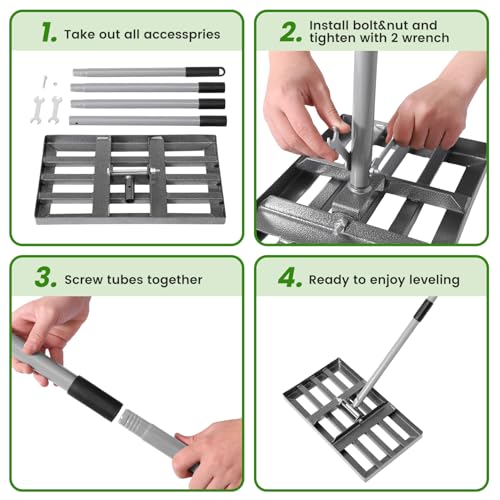 REAPALOT Lawn Leveling Rake, Lawn Leveler with Stainless Steel Long Handle, Heavy Duty Yard Level Tool for Leveling Soil, Sand Or Dirt Surfaces, Gardening Gloves Gift Included (17x10in)