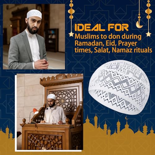 Eid Muslim 기도 Kufi 모자 남성용 기도 모자 모자 이슬람 비니 스컬 캡 자수 코피아 토피 6개 - style: 클래식