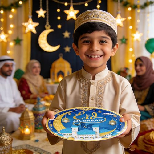 Ramadan Plates for Home Blue and Gold Eid Mubarak Ramadan 9 Inch 24Pcs Paper Plates for Ramadan Party Decorations