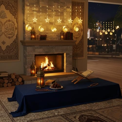 Ramadan Curtain Lights,135 LED Star & Castle String Lights,USB Powered Dimmable Twinkle Curtain Fairy Lights,8 Lighting Modes Warm White Window Light,Ramadan Decorations for Home Indoor Decor