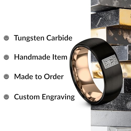 Gift for Muslim Devotee - Prayer Rug Pattern Ring - Black Yellow Rose Gold - Band - Anniversary Wedding - Personalized Custom Engraving - Flat Dome Bevel - 8mm - Men Women - Tungsten Carbide - color: 01 - Rose Gold Black Tungsten